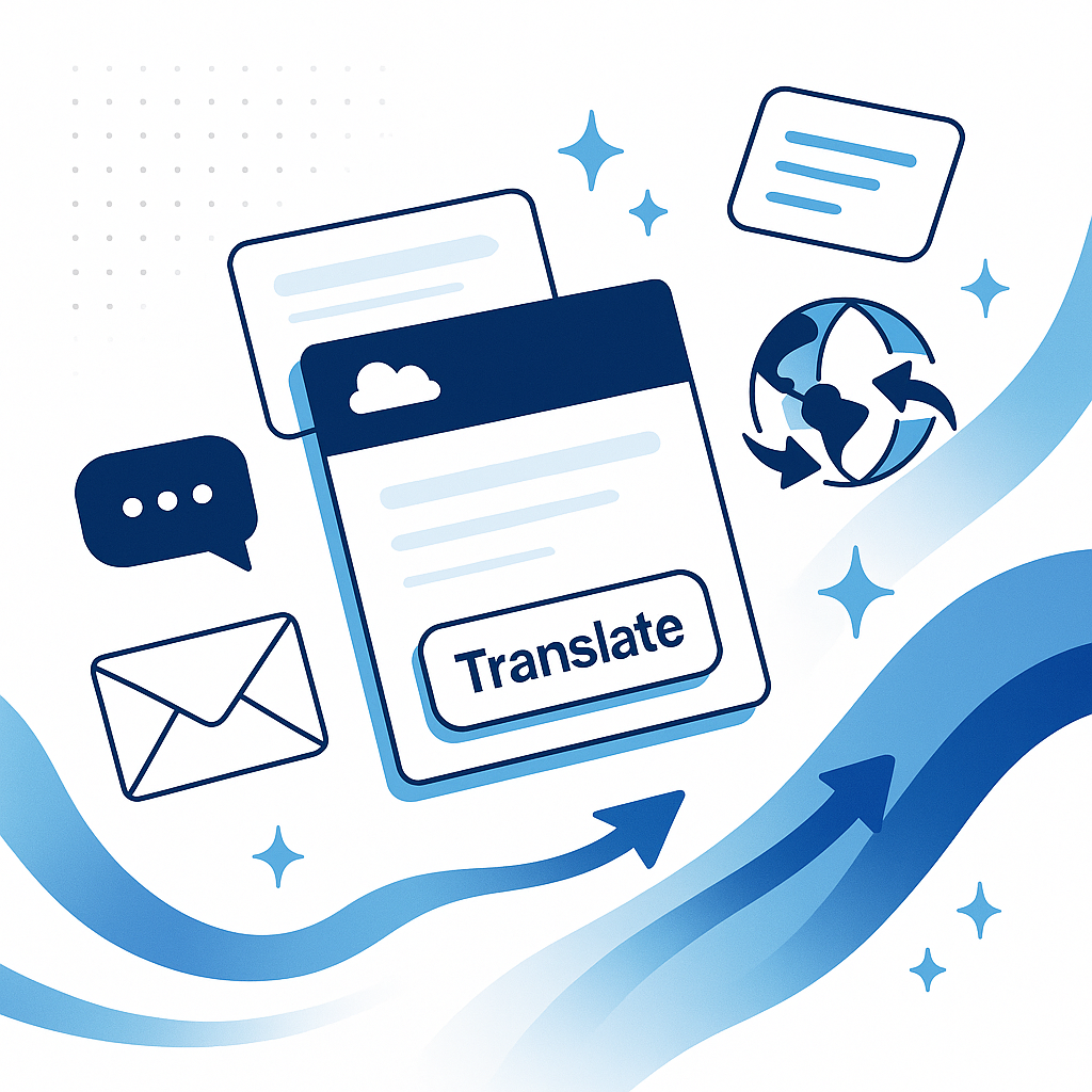Blue-and-white illustration showing a UI card with a “Translate” button surrounded by email and chat icons, a globe with arrows, and flowing wave shapes—suggesting fast, multilingual communication in Salesforce.